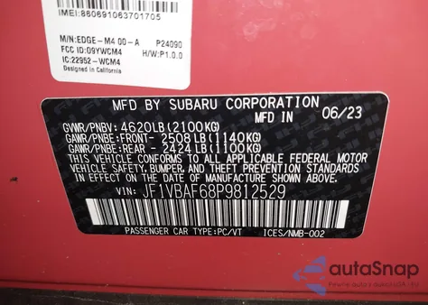 2023 Subaru Wrx Premium из США, поврежденный, VIN JF1VBAF68P9812529